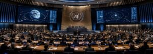 International assembly hall representing Outer Space Treaty governance, space arms control negotiations, and orbital warfare regulation efforts