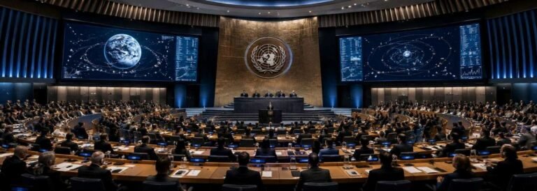 International assembly hall representing Outer Space Treaty governance, space arms control negotiations, and orbital warfare regulation efforts