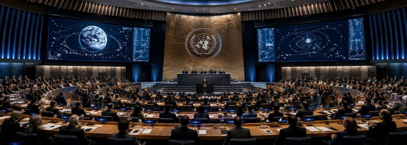 International assembly hall representing Outer Space Treaty governance, space arms control negotiations, and orbital warfare regulation efforts
