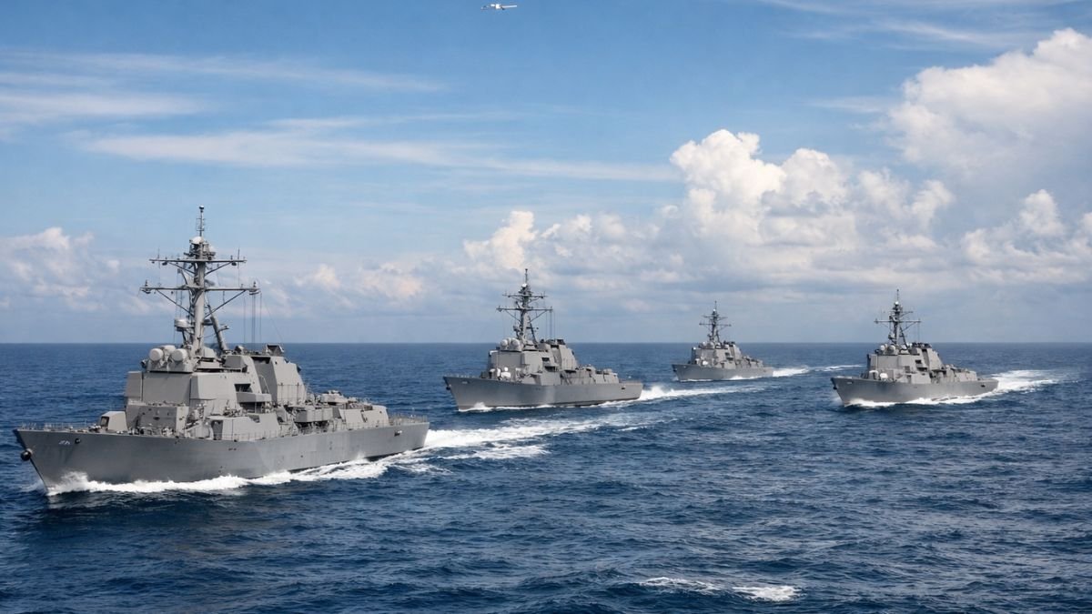 Four naval vessels in formation representing Quad maritime surveillance cooperation and space-enabled common operating picture in the Indo-Pacific