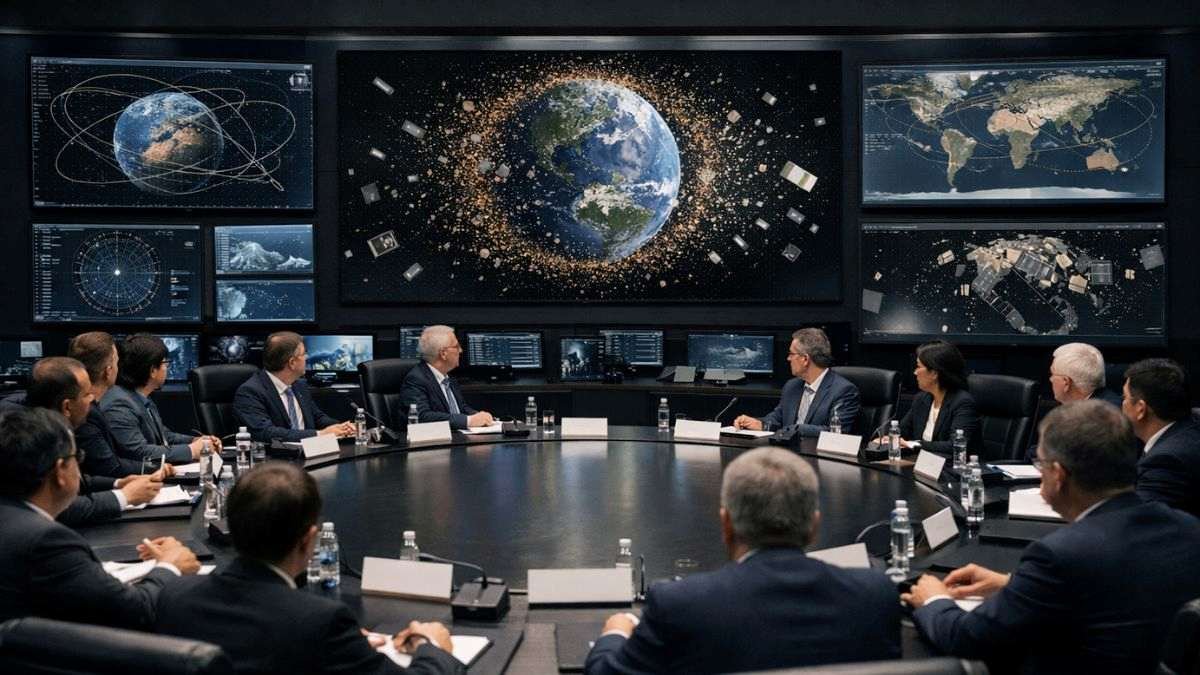 International space policy meeting examining orbital debris space warfare challenges, governance frameworks, and the legal gap in space warfare regulation