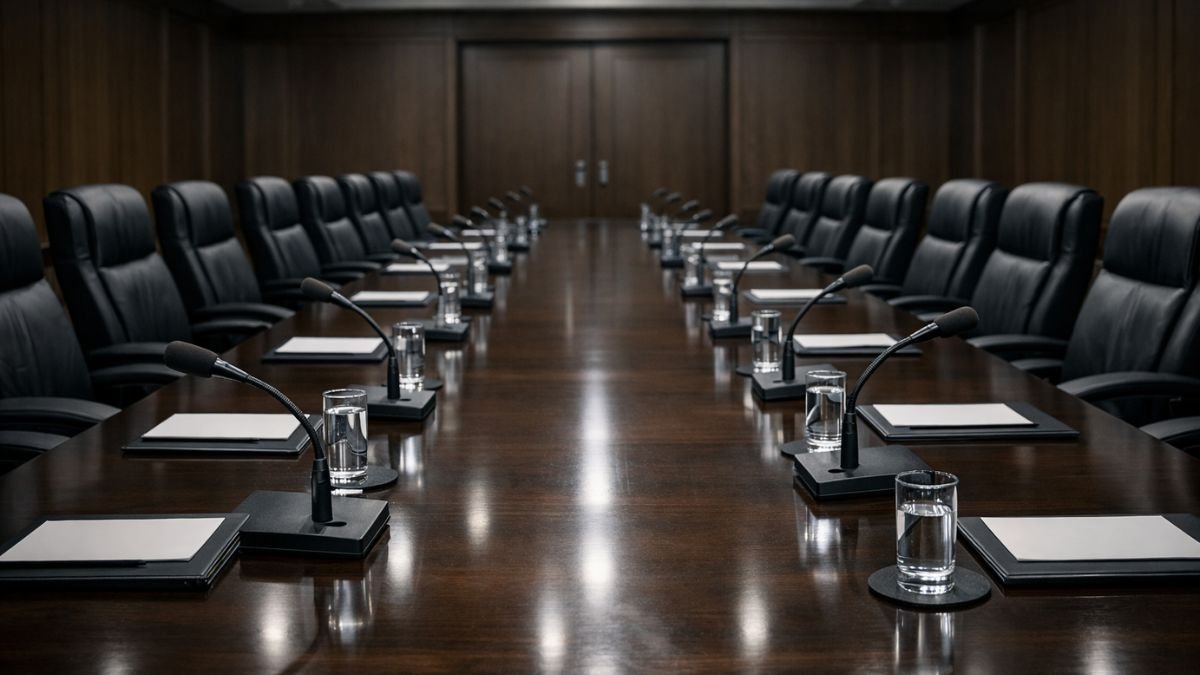 An empty arms control negotiation room representing the governance gap in the space-nuclear intersection and the absence of a treaty framework
