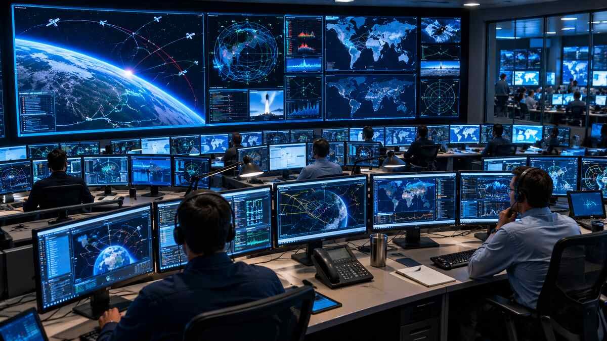 Military operations centre integrating space sensors, battle management systems, and interceptor networks for hypersonic missile defence