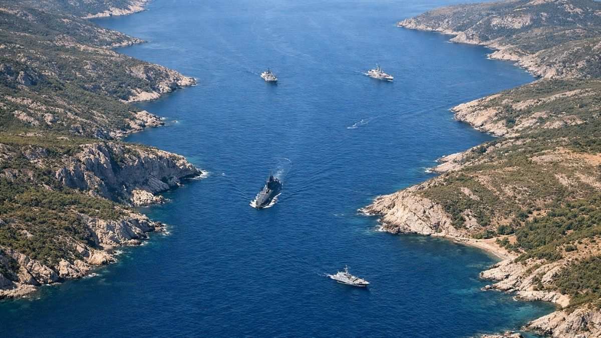Aerial view of a narrow maritime strait representing Taiwan Strait military deterrence and the central Indo-Pacific flashpoint