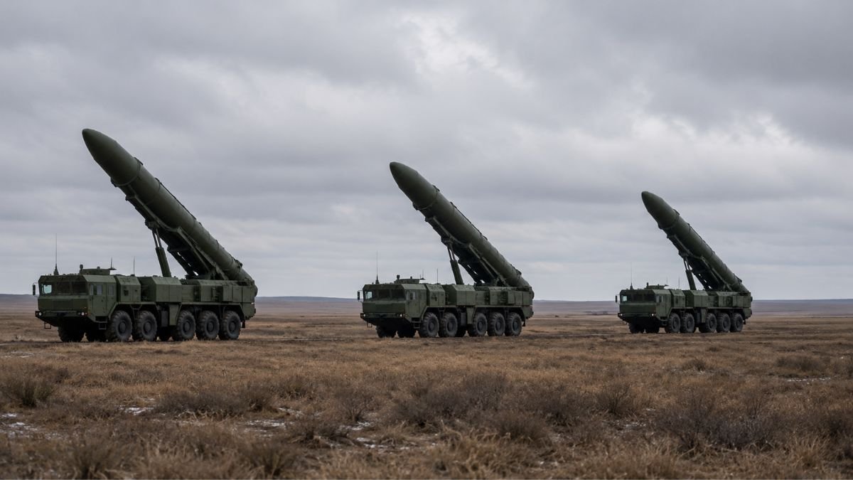 Nuclear missiles on mobile launchers representing the third nuclear age tripolar competition and New START expiry in 2026