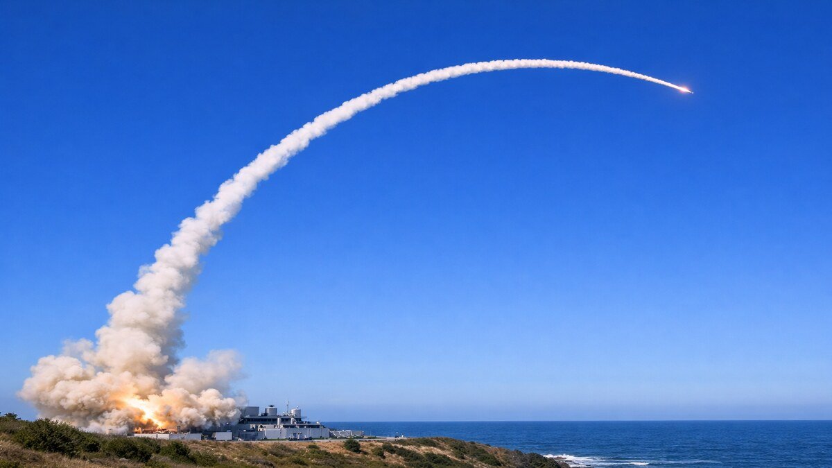 Missile launch showing the boost phase and flight trajectory with interception opportunities during boost, glide, and terminal phases.