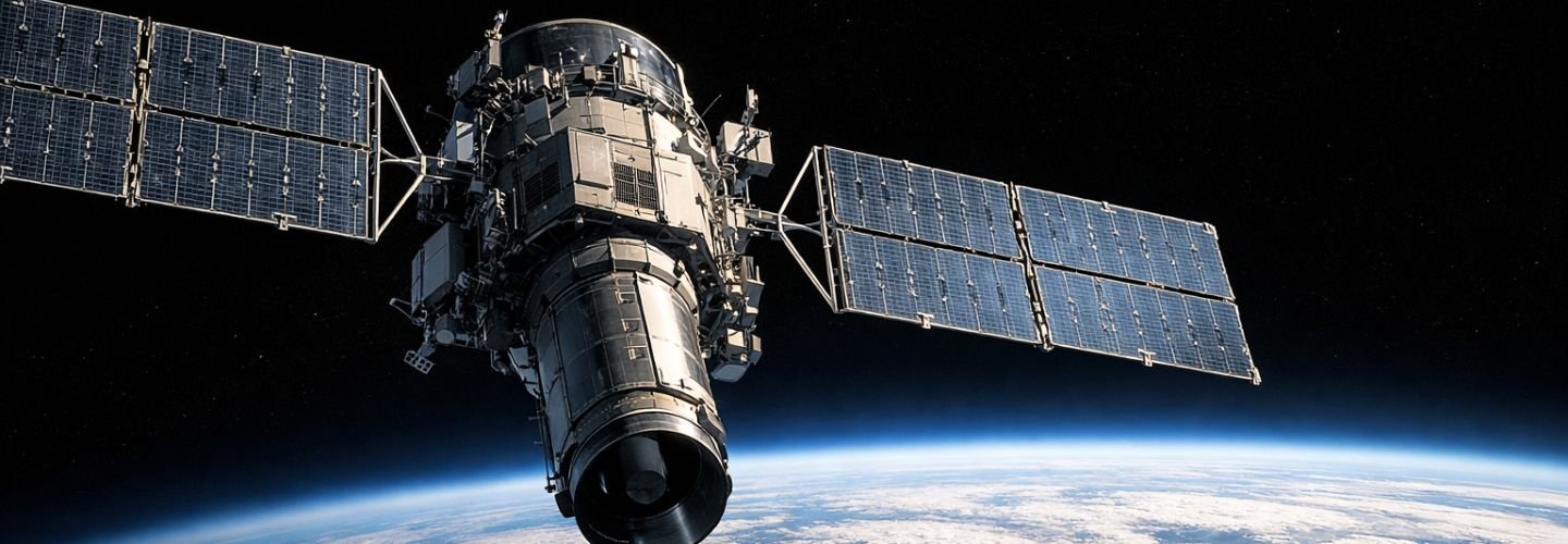 Military surveillance satellite in low Earth orbit representing space-based hypersonic missile tracking sensor architecture for missile defence