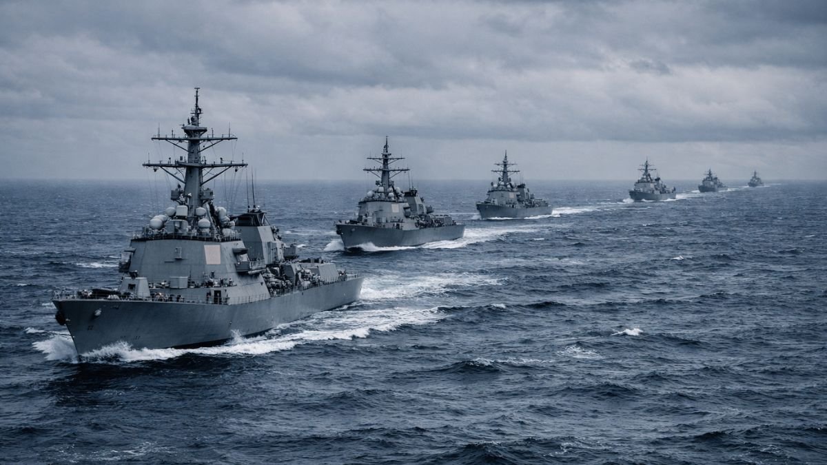 Naval vessels in formation representing US-China military competition and Indo-Pacific strategic rivalry