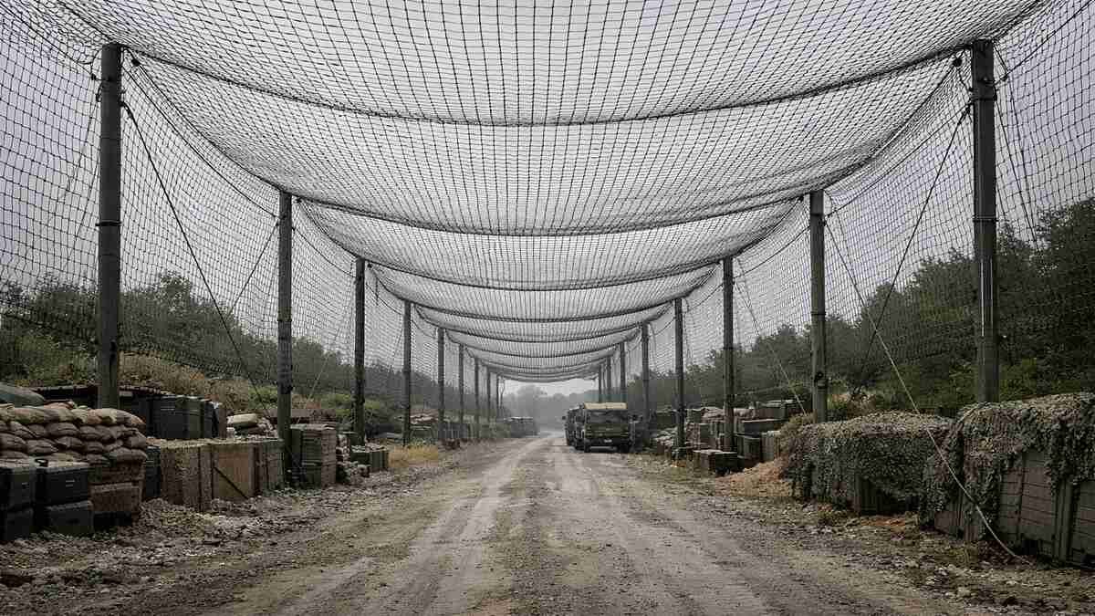 Anti-drone netting installed above a military supply road to protect vehicles from FPV drone attacks
