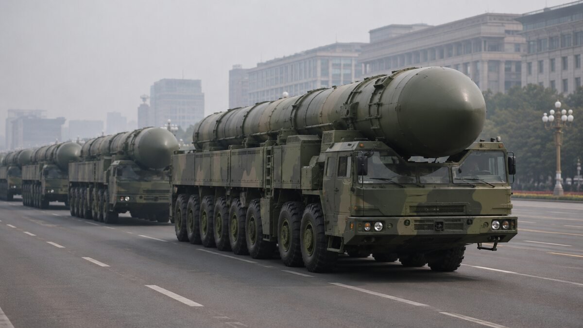 Chinese-style mobile missile launchers representing China's operational hypersonic weapons and long-range precision strike capability.