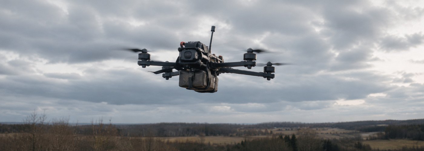 Small FPV attack drone in flight representing drone warfare and autonomous systems in modern conflict