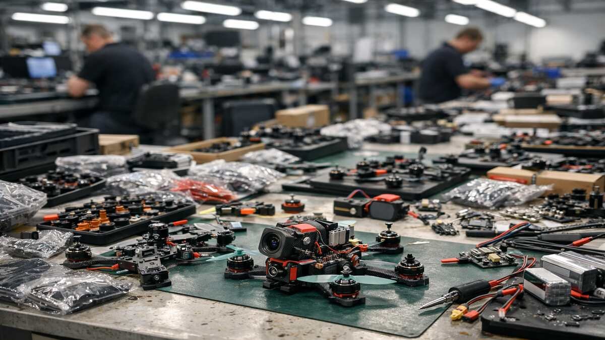 FPV drone components arranged on industrial assembly workbenches representing large-scale drone production