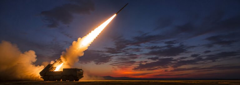 Long-range missile launched from a mobile ground launcher at twilight, representing the emerging global strike balance and modern hypersonic weapons competition.