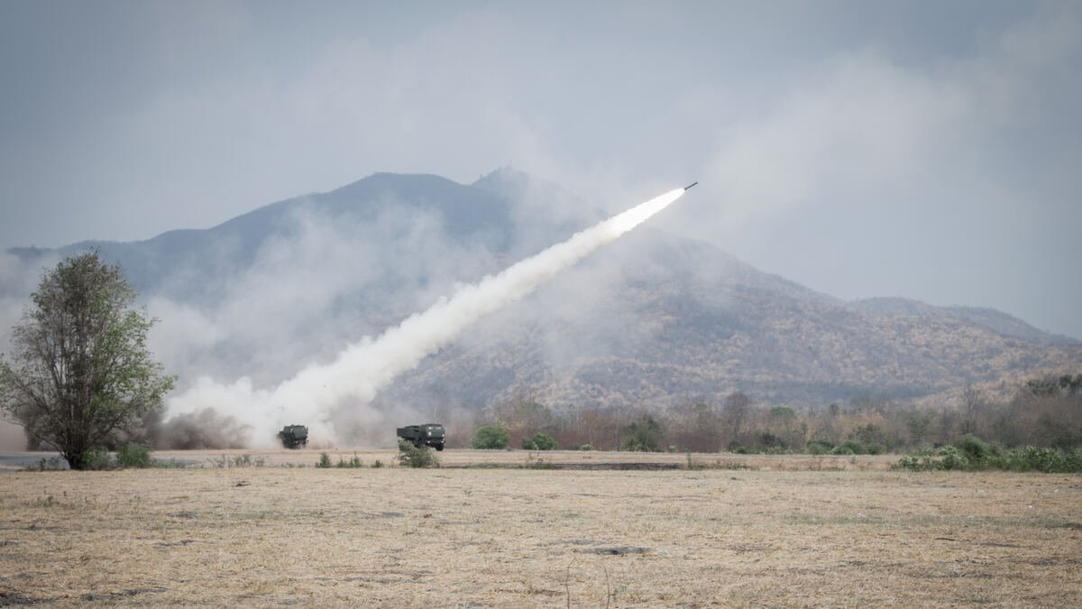 Ground-launched missile firing during a military precision strike exercise