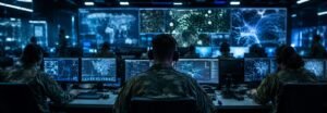 Military command center with AI data screens representing how artificial intelligence is reshaping defense and the future of warfare