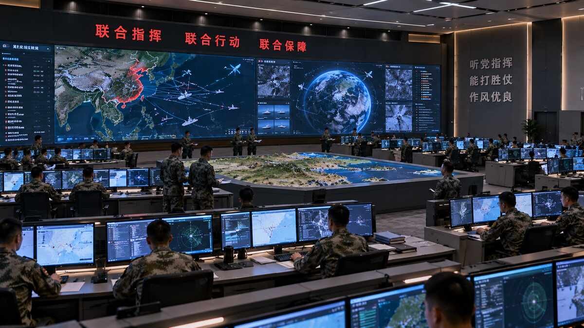 PLA personnel monitor operational displays in a Chinese multi-domain command center