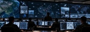 Military joint operations command center with multiple tactical displays representing networked command and control