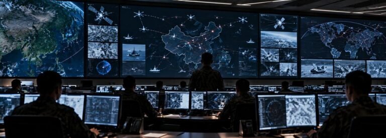 Military joint operations command center with multiple tactical displays representing networked command and control