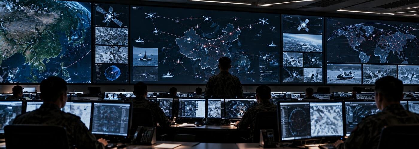 Military joint operations command center with multiple tactical displays representing networked command and control