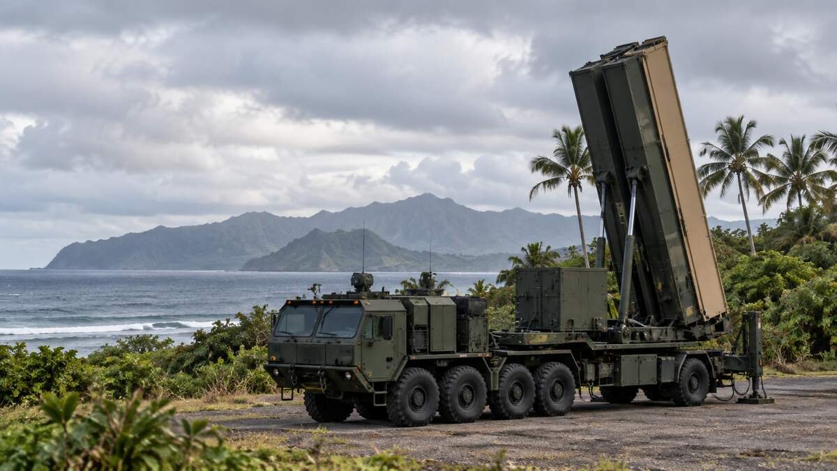 Illustrative Dark Eagle hypersonic weapon launcher in a Pacific deployment environment