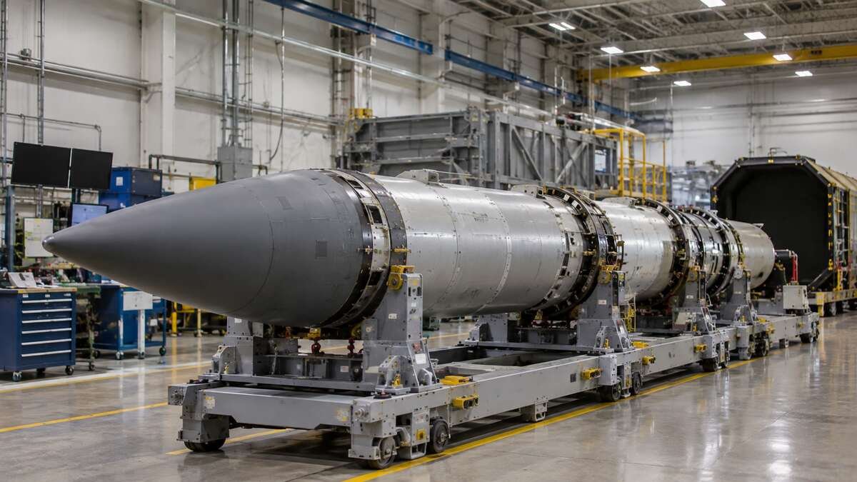 Illustrative view of a hypersonic missile assembly in an aerospace production facility