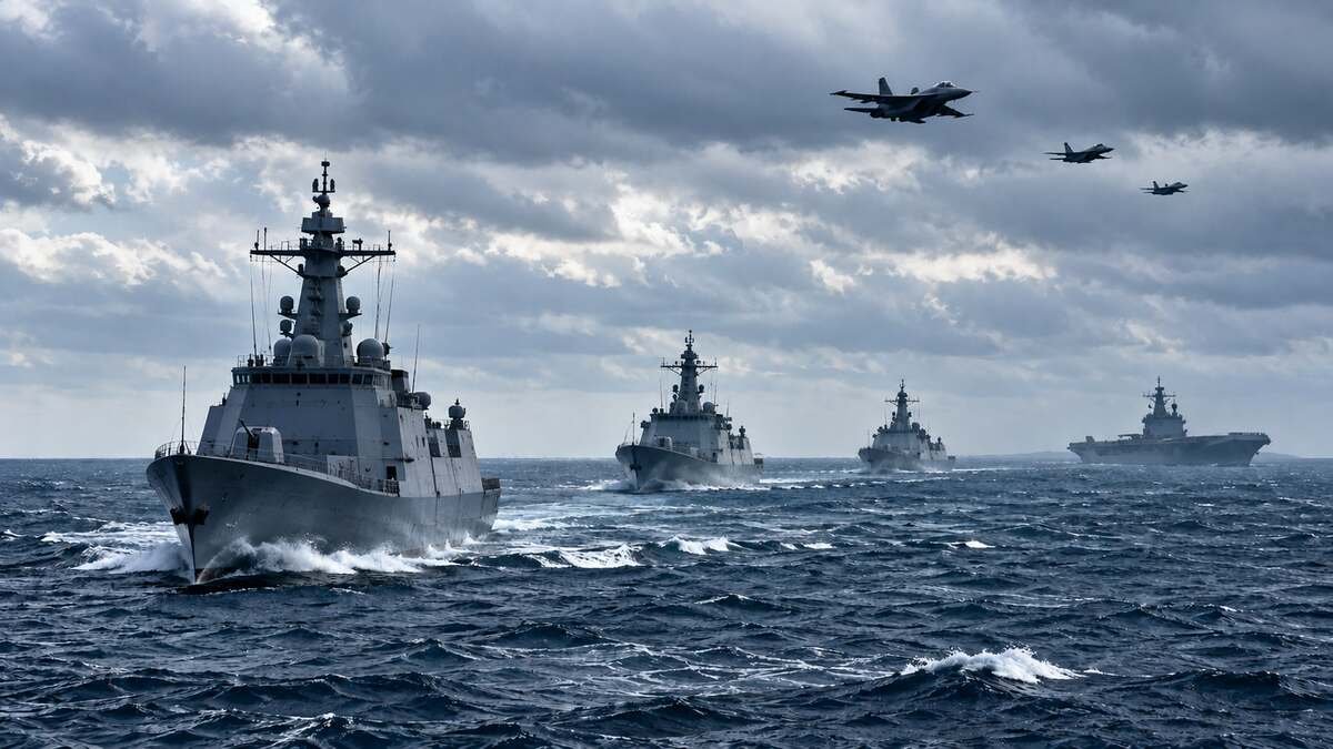 Naval vessels and military aircraft conducting joint exercises in open water representing contested strait operations