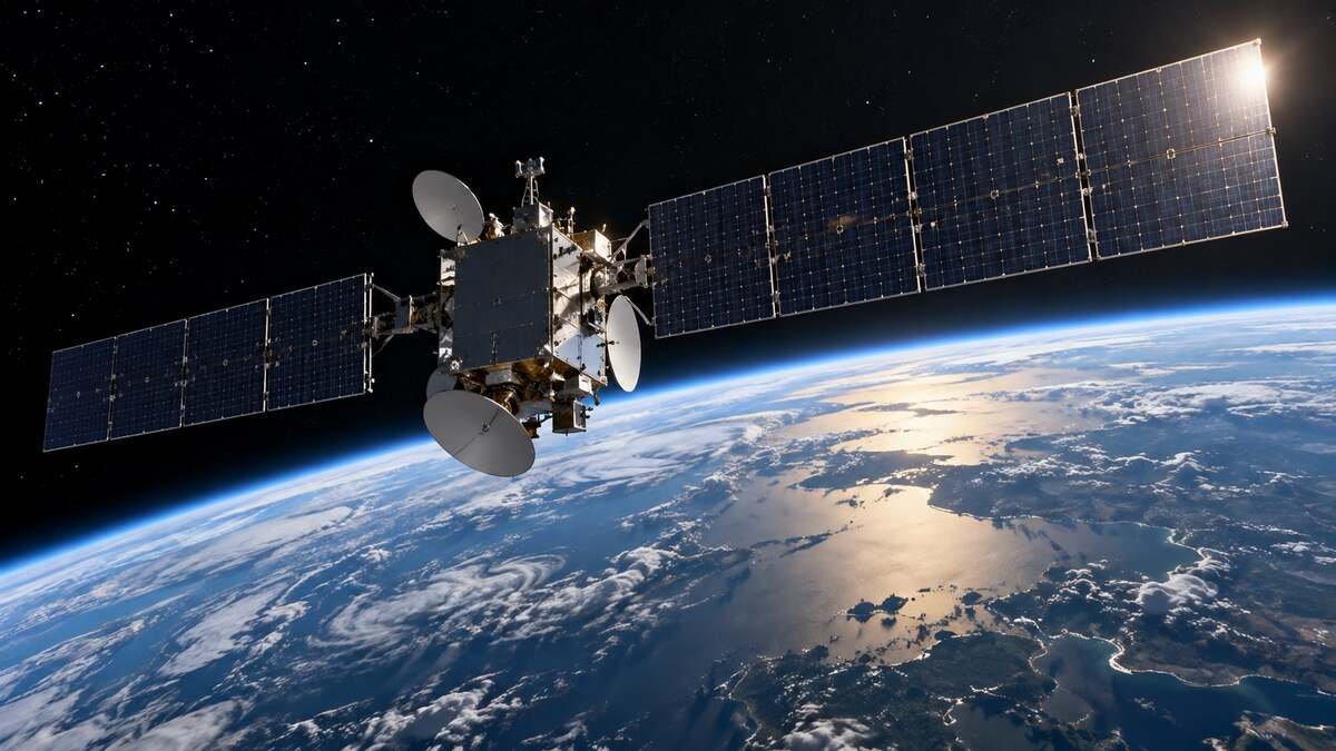 Military communications satellite in orbit above Earth representing space-based network resilience