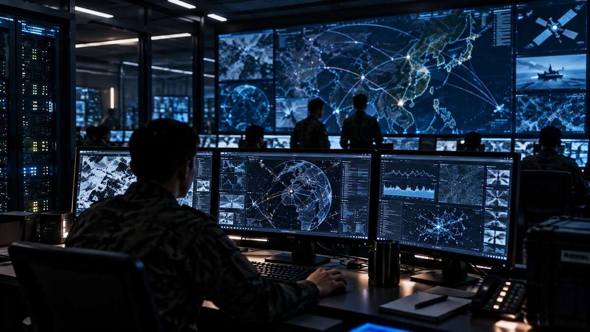 Conceptual military command center showing networked information and sensor integration across domains