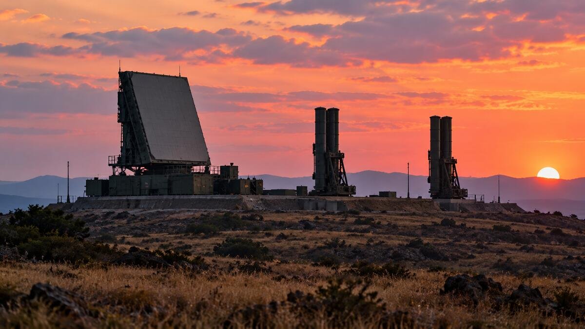 Illustrative ballistic missile defense radar and interceptor launcher representing India's layered interceptor program