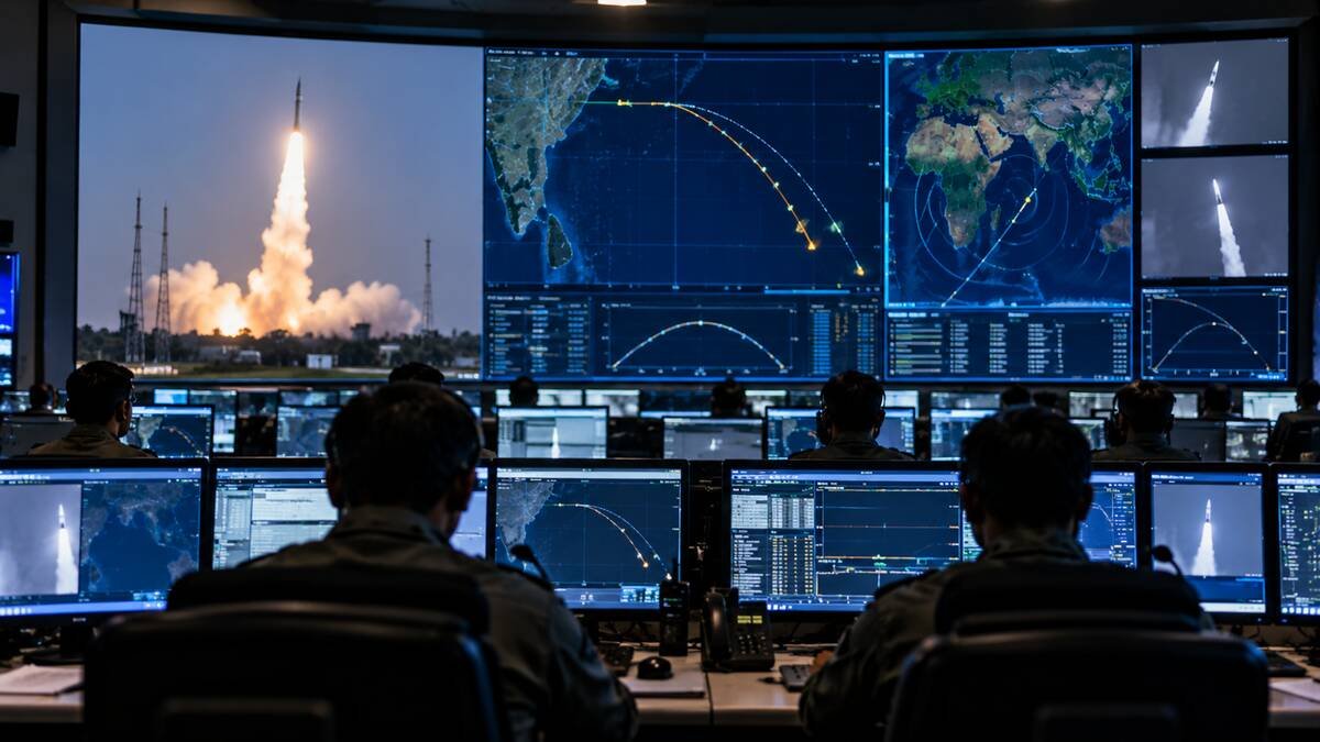 Illustrative missile test control room with operators monitoring launch telemetry and flight trajectories