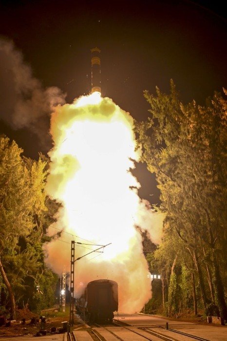 Agni-Prime missile launching from a rail-mobile system as part of India's missile force