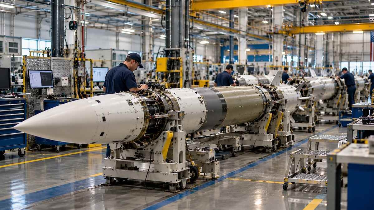 Interceptor missile assembly line representing the industrial base expansion behind U.S. missile defense