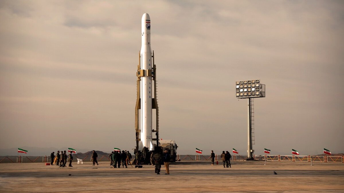 Iranian Qased space launch vehicle standing at a launch site