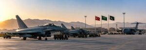 Mecca Defense Pact: military aircraft beneath the flags of Saudi Arabia, Pakistan and Turkey