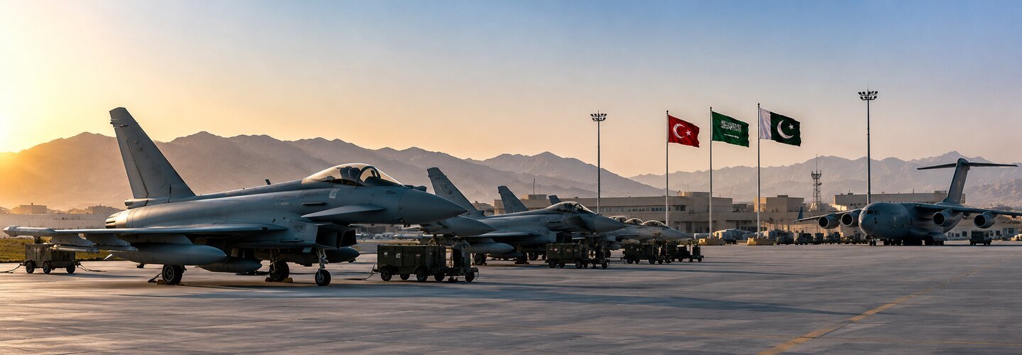 Mecca Defense Pact: military aircraft beneath the flags of Saudi Arabia, Pakistan and Turkey
