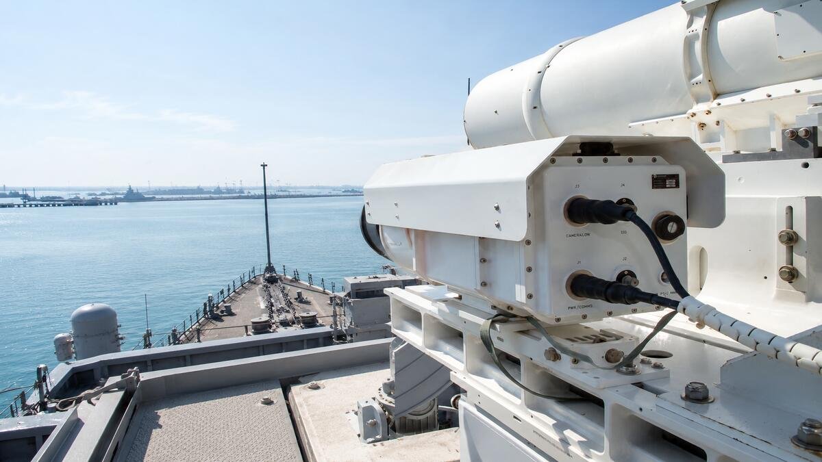 Naval shipboard directed-energy system mounted on a vessel above the open sea