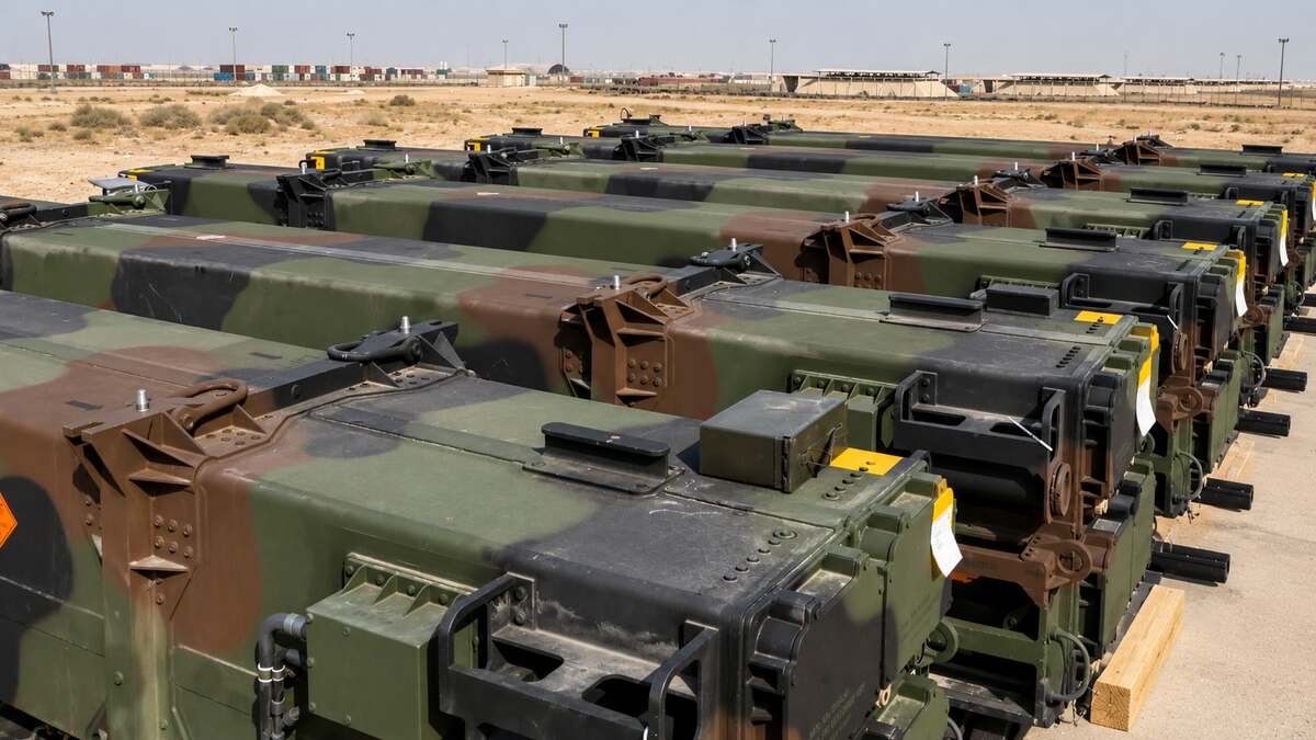 Patriot missile canisters stored for an air and missile defense system
