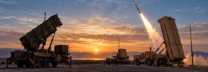 Missile interceptor launching from a mobile battery representing Patriot and THAAD layered missile defense