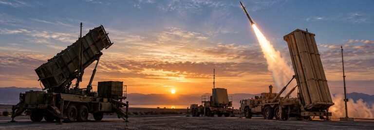 Missile interceptor launching from a mobile battery representing Patriot and THAAD layered missile defense